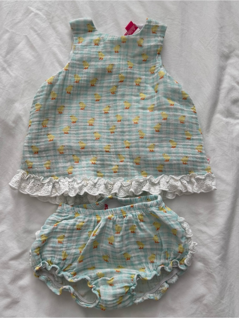 Ruffle butts Baby Girls Light Blue Chick Print Dress & Bloomers Set 6-12months